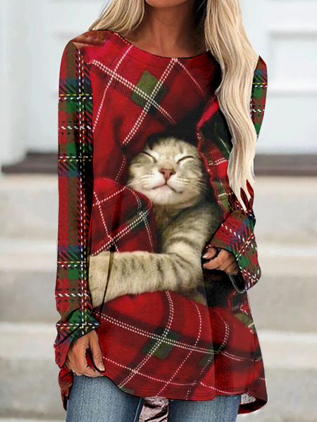 

Womens Christmas Cat Plaid Crew Neck Top, Red, Shirts