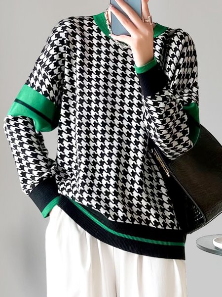 

Daily Long sleeve Crew Neck Houndstooth Urban Sweater, Green, Pullovers