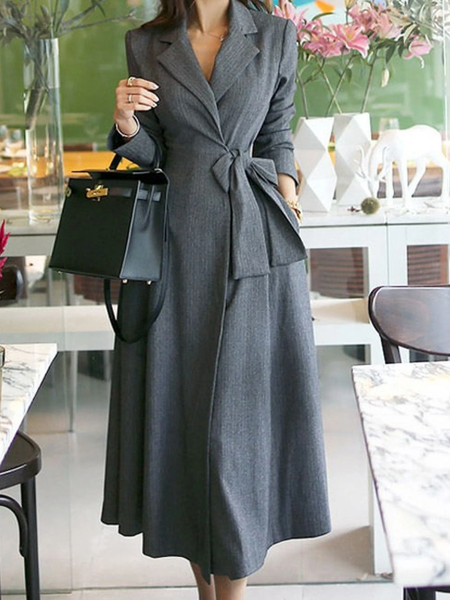 

Regular Fit Lapel Collar Long sleeve Elegant Long Dress, Gray, Maxi Dresses