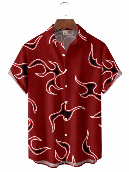

Fire Flame Chest Pocket Short Sleeve Casual Shirt, Red, Men Shirts