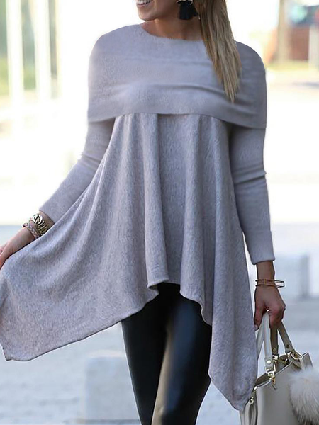 

High Elasticity Loose Crew Neck Long sleeve Urban Mid-long Top, Gray, Linen Tops