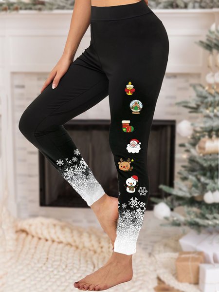 

Christmas Cotton-Blend Casual Santa Claus Leggings, Black, leggings