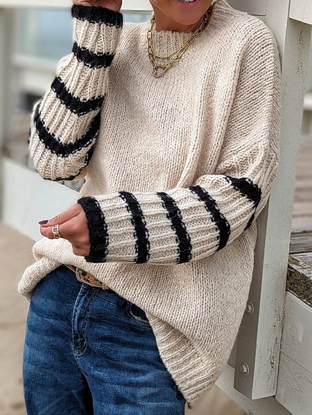 

Casual Striped Regular Fit Turtleneck Sweater, Apricot, Sweaters & Cardigans
