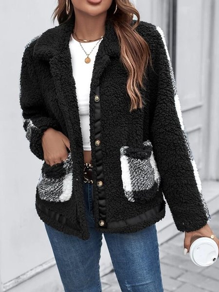 

Plaid Fluff/Granular Fleece Fabric Casual Jacket, Black, Jackets
