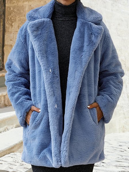 

Plain Casual Shawl Collar Teddy Jacket, Blue, Outerwear