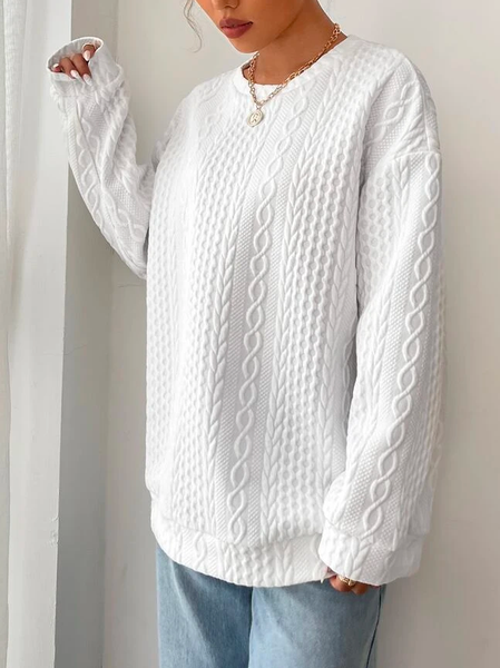

Geometric Loose Crew Neck Drop Shoulder Cable Textured Pullover Sweatshirt, White, Sweatshirts & Hoodies