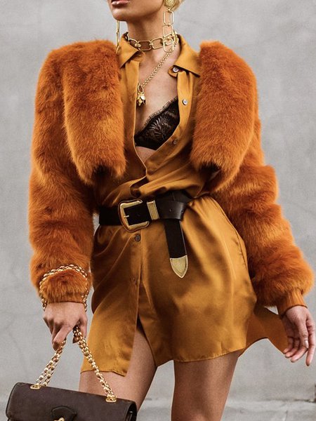 

Plain Loose Simple Long Sleeve Teddy Jacket, Yellow brown, Others