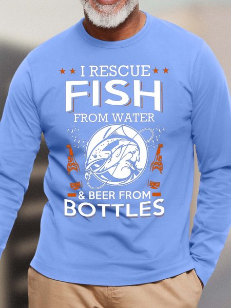 

Men I Rescue Fish From Water And Beer From Bottles Loose Text Letters Crew Neck Top, Light blue, Long Sleeves