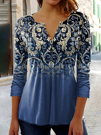 

Cotton-Blend Casual Loose Top, Blue, Tops