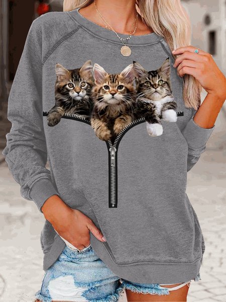 

Womens Cat Lover Casual Crew Neck Sweatshirt, Gray, Hoodies&Sweatshirts