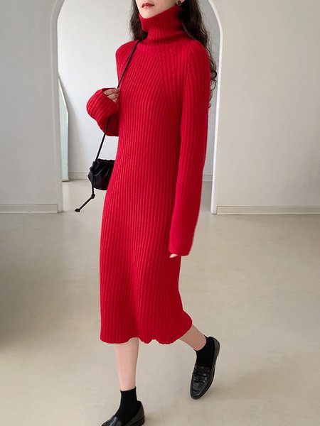 

Daily Long sleeve Turtleneck Simple Loose Dress, Red, Midi Dresses