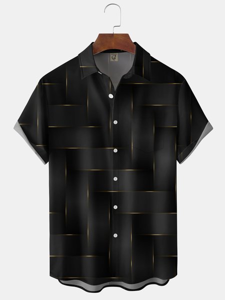 

Black Gold Geometric Pattern Chest Pocket Short Sleeve Casual Shirt, Men Shirts