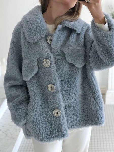 

Loose Shawl Collar Casual Teddy Jacket, Blue, Outerwear