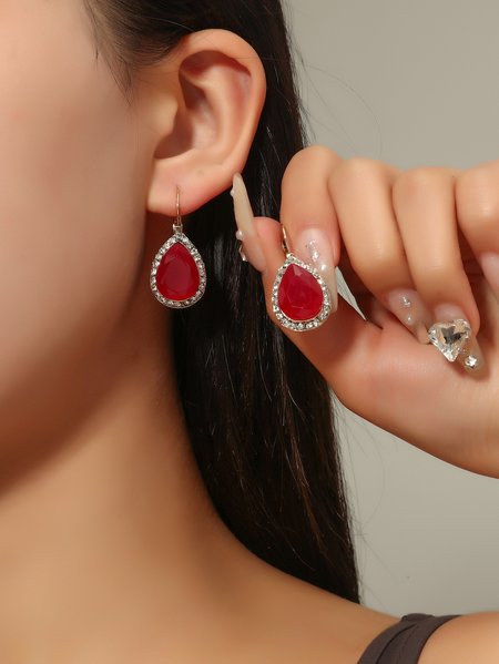 

Vintage Natural Stone Drop Shaped Diamond Earrings Banquet Party Everyday Jewelry, Red, Earrings