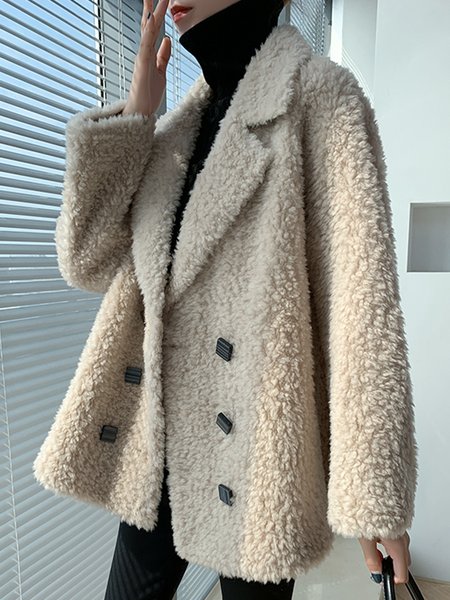 

Lapel Collar Daily Long sleeve Faux Fur Simple Teddy Jacket, Khaki, Others