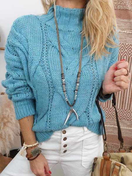 

Casual Plain Turtleneck Wool/Knitting Sweater, Aqua blue, Sweaters & Cardigans