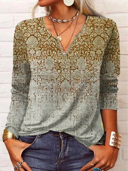

Ethnic Long Sleeve Notched Casual T-Shirt, Khaki, T-Shirts