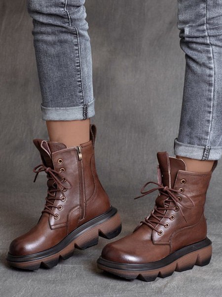 

Vintage Thick Bottom Lace-Up Boots with Zipper, Deep brown, Boots