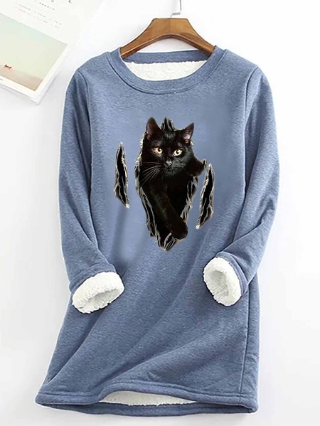 

Women Black Cat Simple Warmth Fleece Sweatshirt, Light blue, Hoodies&Sweatshirts