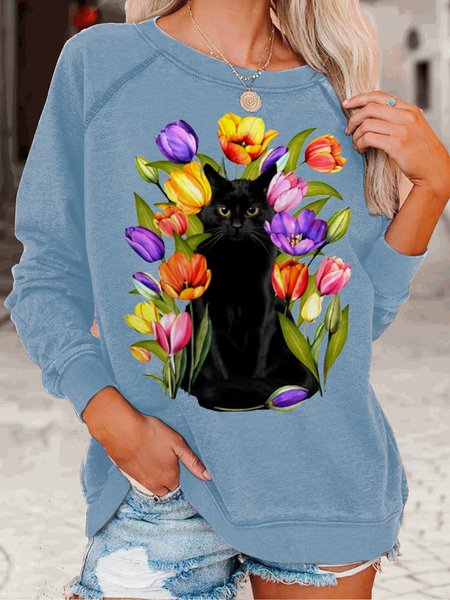 

Womens Black Cat Flower Crew Neck Casual Sweatshirt, Light blue, Hoodies&Sweatshirts