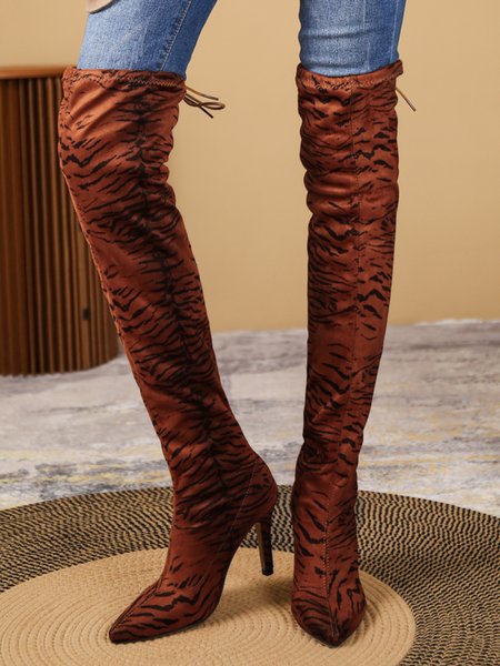 

Leopard Tiger Print Black Solid Over Knee Stiletto Boots, As picture, Boots