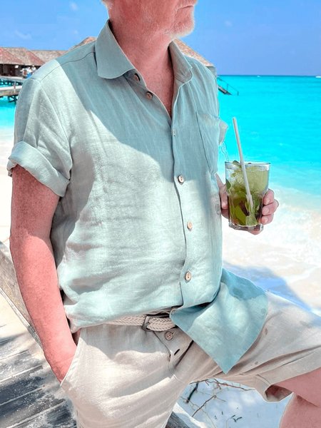 

Cotton And Linen Chest Pocket Short Sleeve Shirt, Mint, Men Shirts