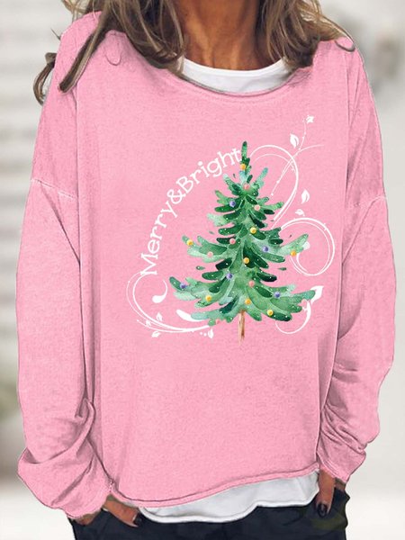 

Women Merry And Bright Christmas Tree Crew Neck Loose Casual Sweatshirt, Pink, Hoodies&Sweatshirts