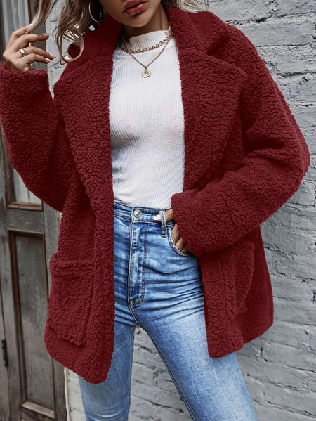 

Plain Shawl Collar Casual Teddy Jacket, Red, Blazers
