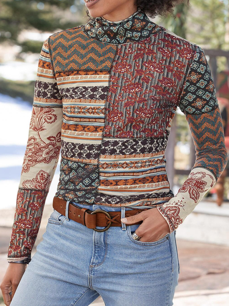 

Turtleneck Color Block Vintage T-Shirt, Multicolor, Tops