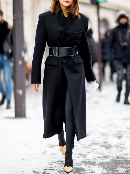 

Plain Simple Urban Stand Collar Overcoat, Black, Coats
