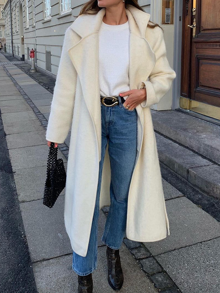 

Loose Lapel Collar Long sleeve Mid-long Overcoat, Off white, Coats