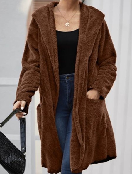 

Fleece Thermal Hooded Oversized Plush Coat, Brown, Coats