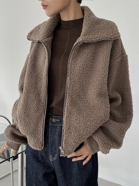 

Daily Long sleeve Shawl Collar Urban Teddy Jacket, Brown, Others