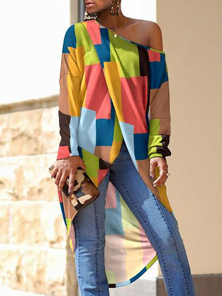 

Loose Asymmetrical Urban Long sleeve Mid-long Top, Multicolor, Linen Tops