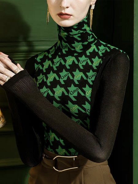 

Urban Long Sleeve Turtleneck Tight Houndstooth T-Shirt, Green, Tees