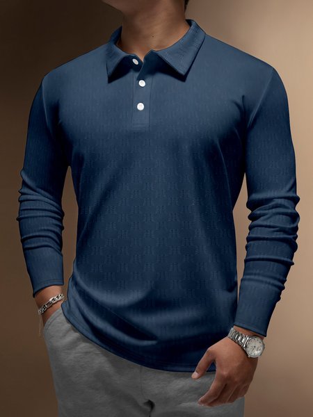 

Gradient Abstract Geometric Buttons Long Sleeve Polo, Deep blue, Polo Shirts