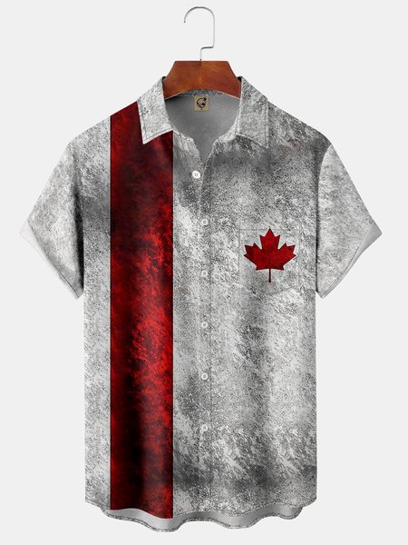 

Canada Day Dark Pattern Chest Pocket Short Sleeve Bowling Shirt, Gray, Men Shirts