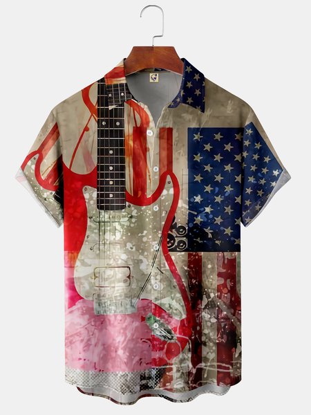 

Flag Music Chest Pocket Short Sleeve Shirt, Red, Men Shirts