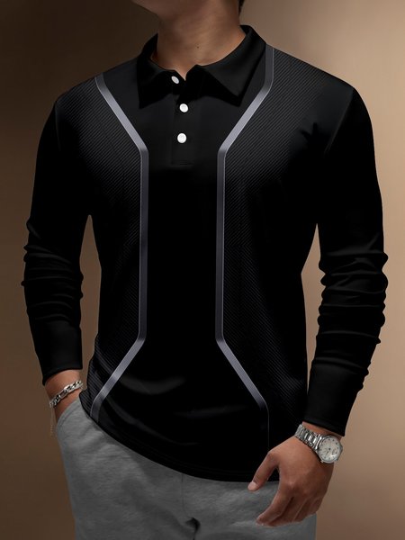 

Striped Buttons Long Sleeve Polo, Black, Men's t-shirts