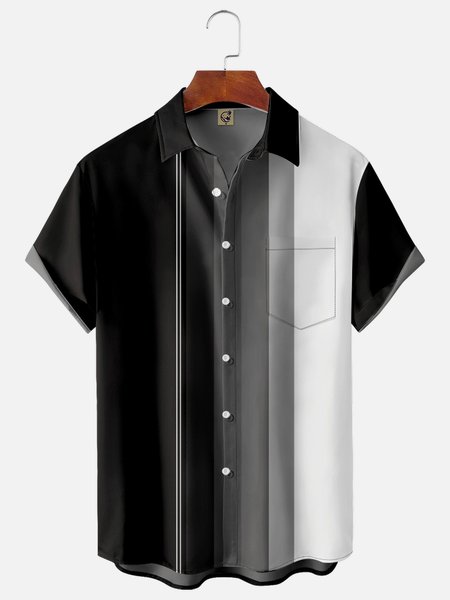 

Color block Chest Pocket Short Sleeve Bowling Shirt, Black, Men Shirts