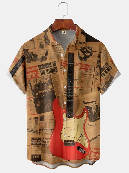 

Music Guitar Chest Pocket Short Sleeve Shirt, Khaki, Men Shirts