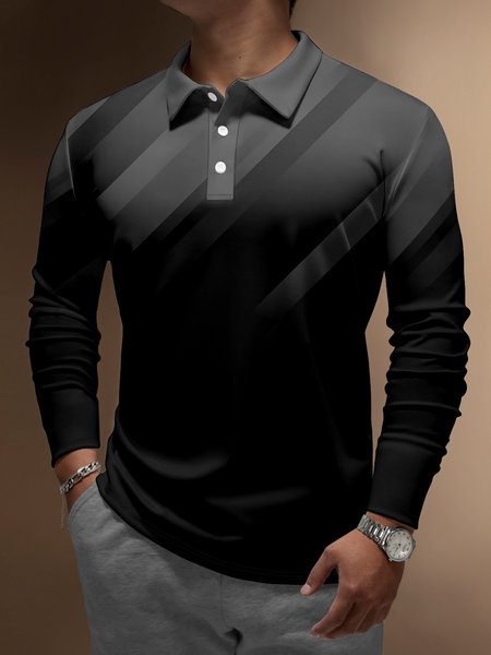 

3D Gradient Geometric Buttons Long Sleeve Polo, Black, Polo Shirts