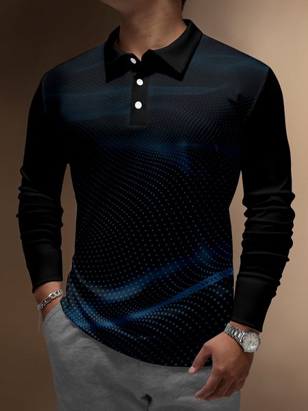 

3D Gradient Abstract Polka Dot Buttons Long Sleeve Polo, Black, Polo Shirts