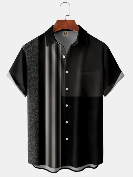 

Patchwork Chest Pocket Short Sleeve Bowling Shirt, Black, Men Shirts
