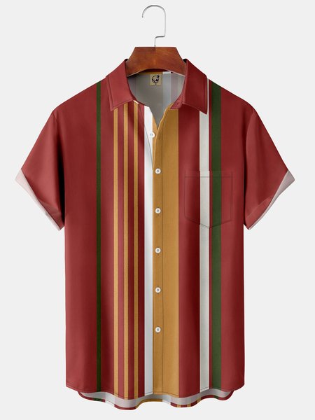 

Geometric Stripes Chest Pocket Short Sleeve Shirt, Red, Men Shirts