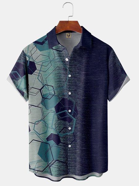 

Geometric Gradient Chest Pocket Short Sleeve Shirt, Purple, Men Shirts