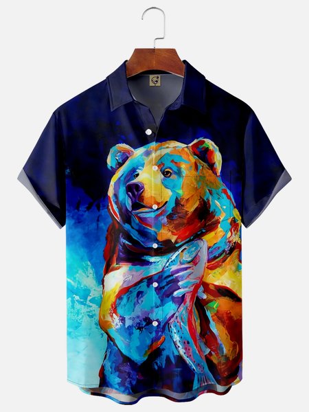 

Pop Bear Chest Pocket Short Sleeve Casual Shirt, Blue, Men Shirts