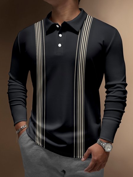 

Color-block Buttons Long Sleeve Bowling Polo, Black, Men's t-shirts
