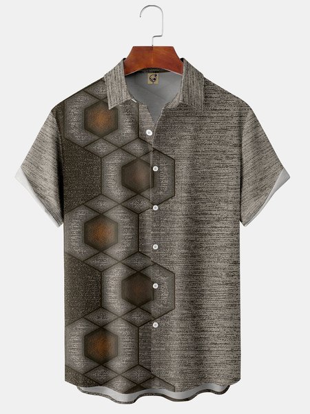 

Geometric Chest Pocket Short Sleeve Shirt, Khaki, Men Shirts