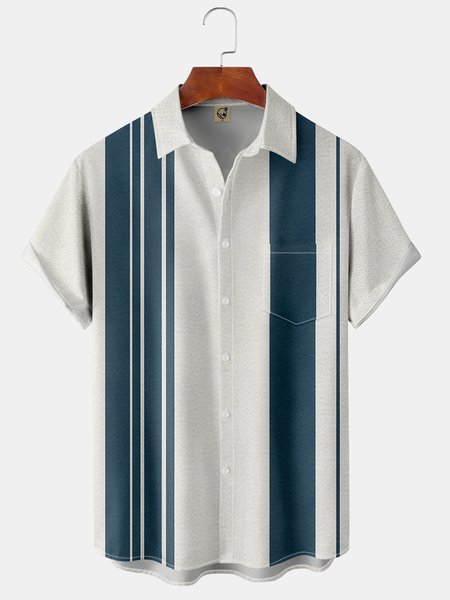 

Geometric Stripes Chest Pocket Short Sleeve Shirt, Blue, Men Shirts